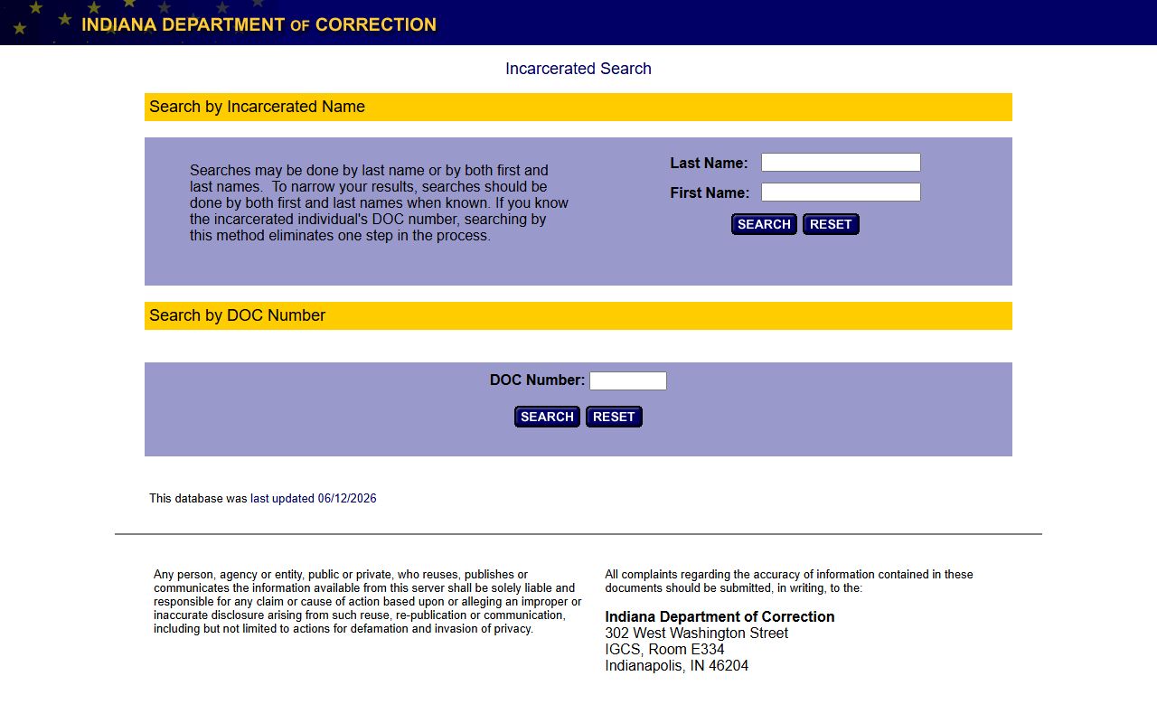 Indiana Department of Correction incarcerated database search form