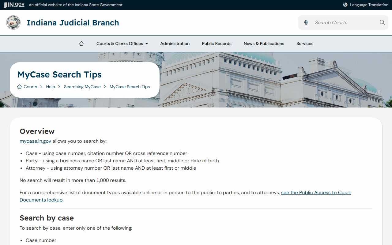 Indiana MyCase search tips for Sullivan County court records after arrest