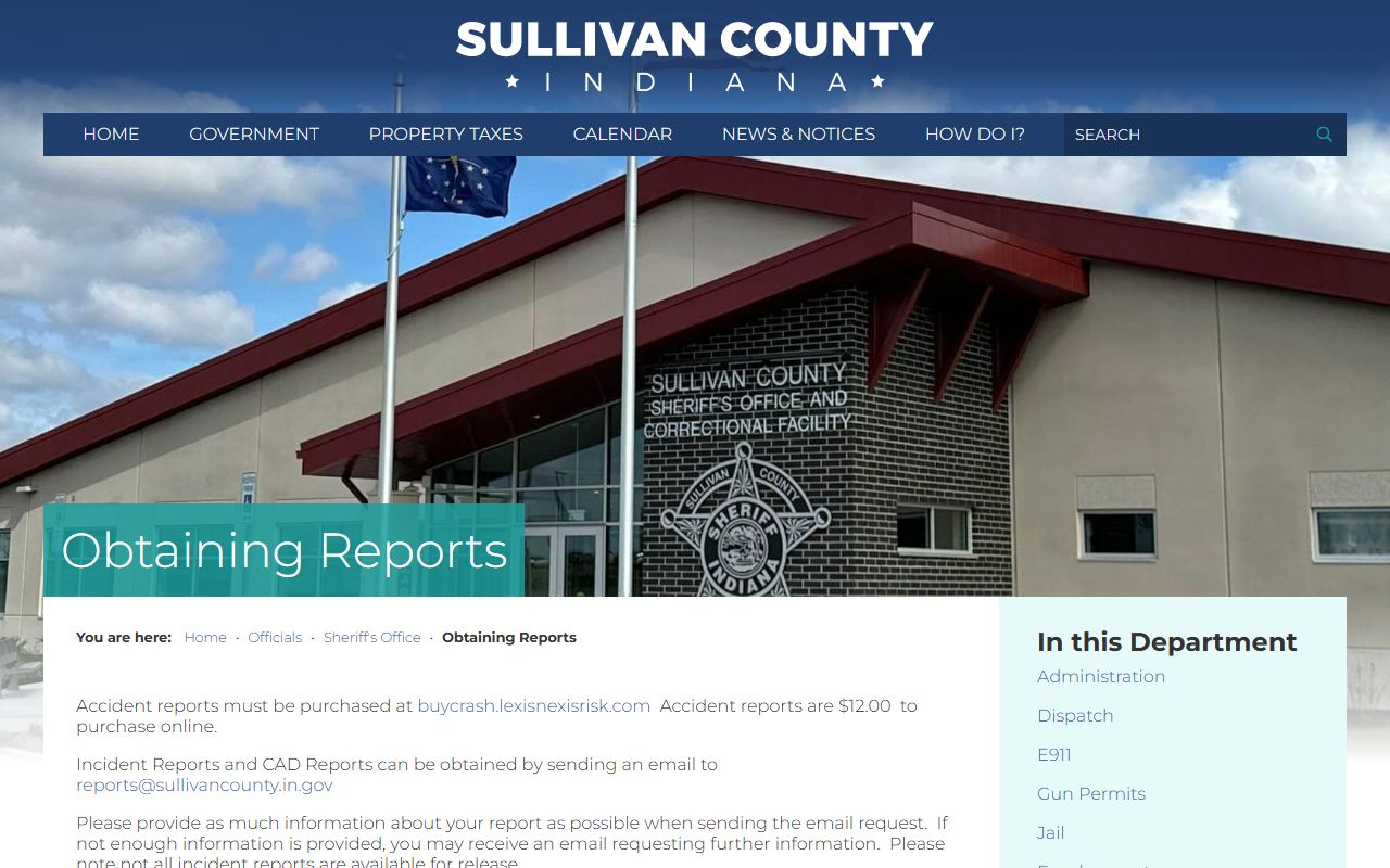 Sullivan County obtaining reports page for booking photo and jail record requests